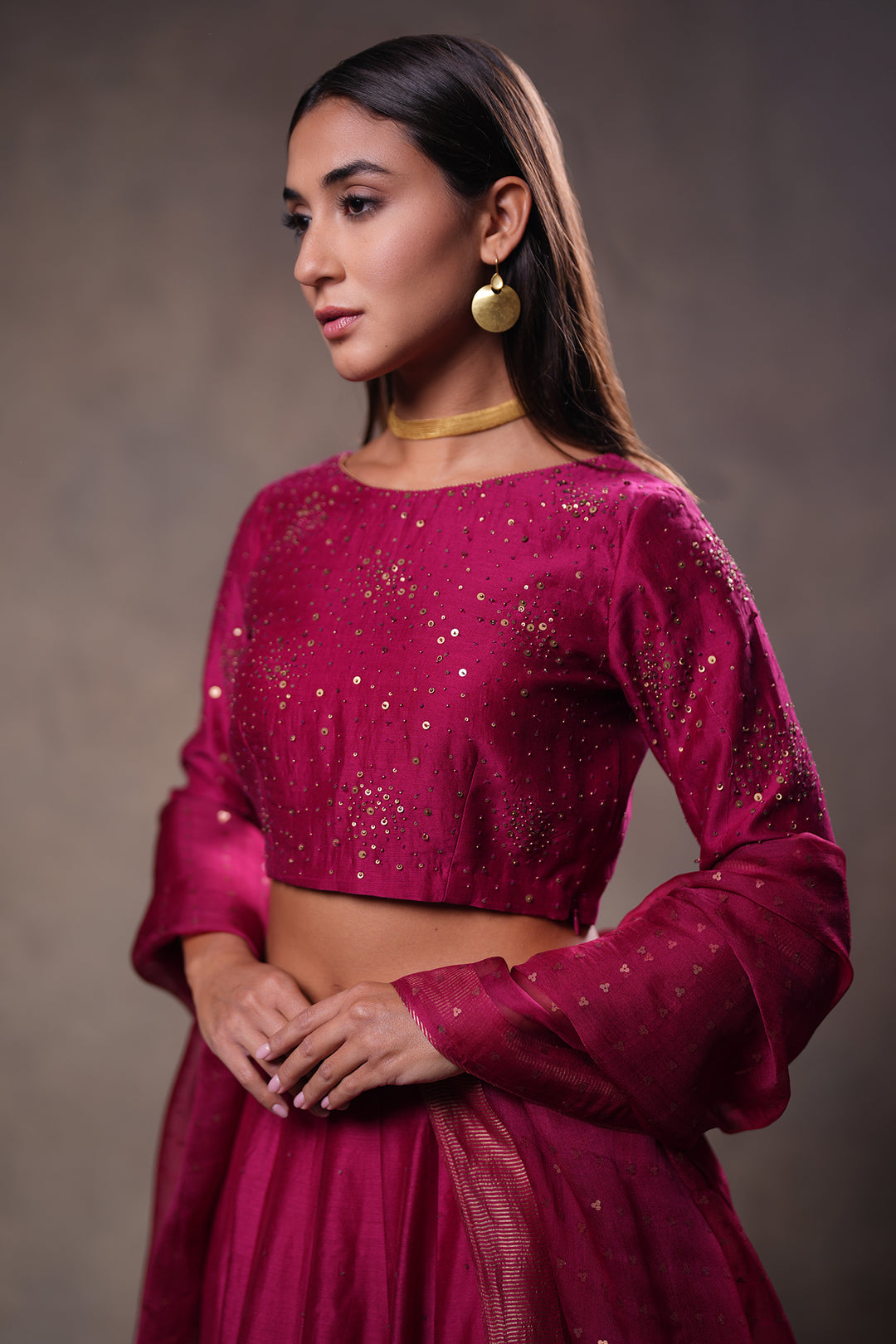 Magenta Hand Embroidered Chanderi Lehenga Set with Blouse & Dupatta