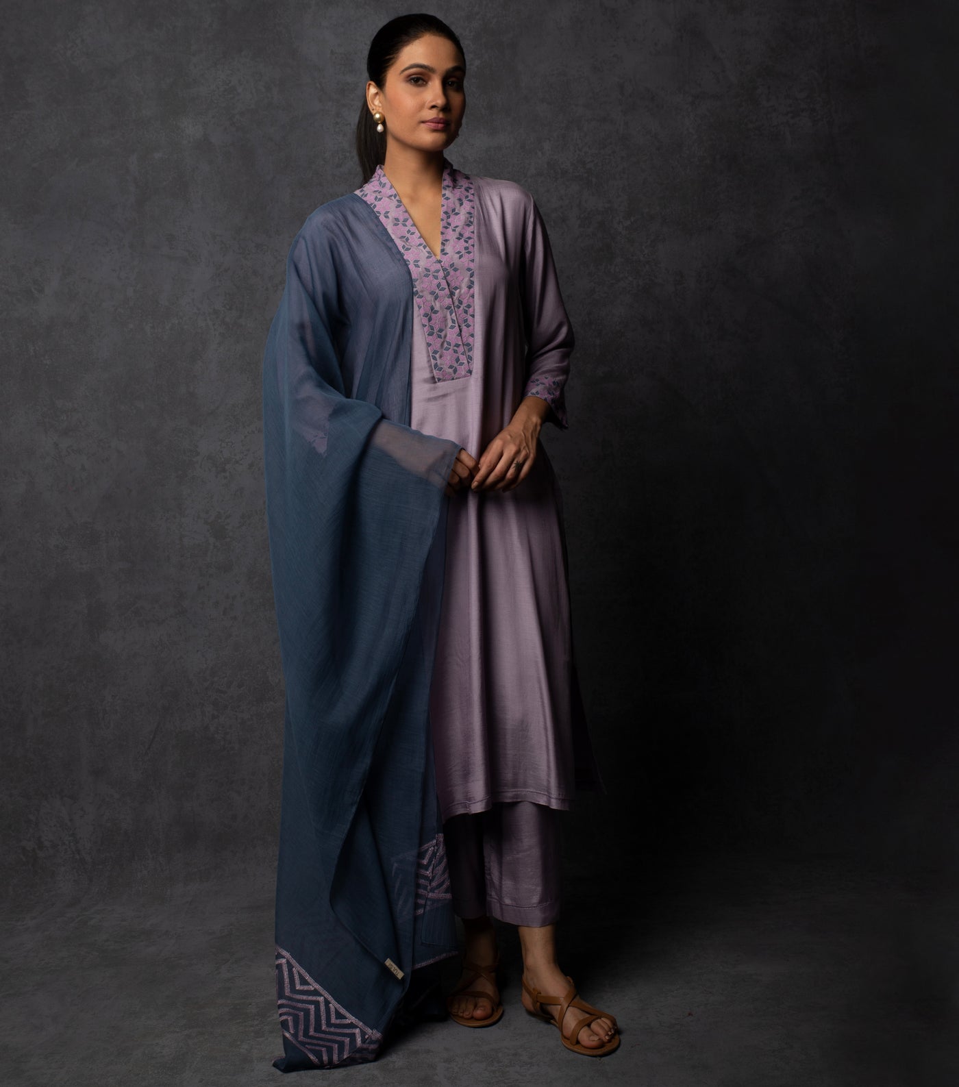 Lavender Patch work Embroidered Muslin Suit Set