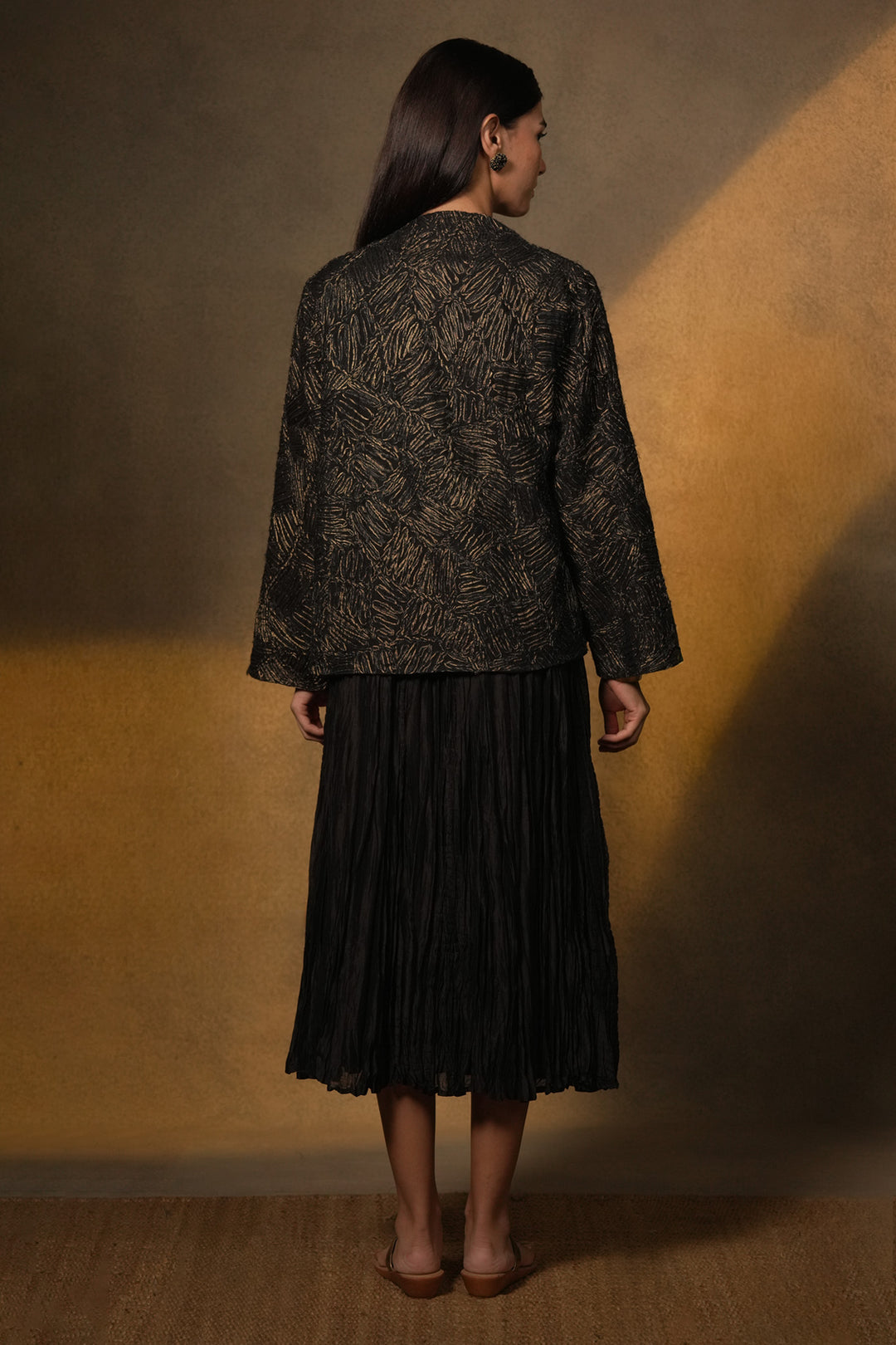 Black Crinkled Chanderi Dress with Textured Embroidered Jacket