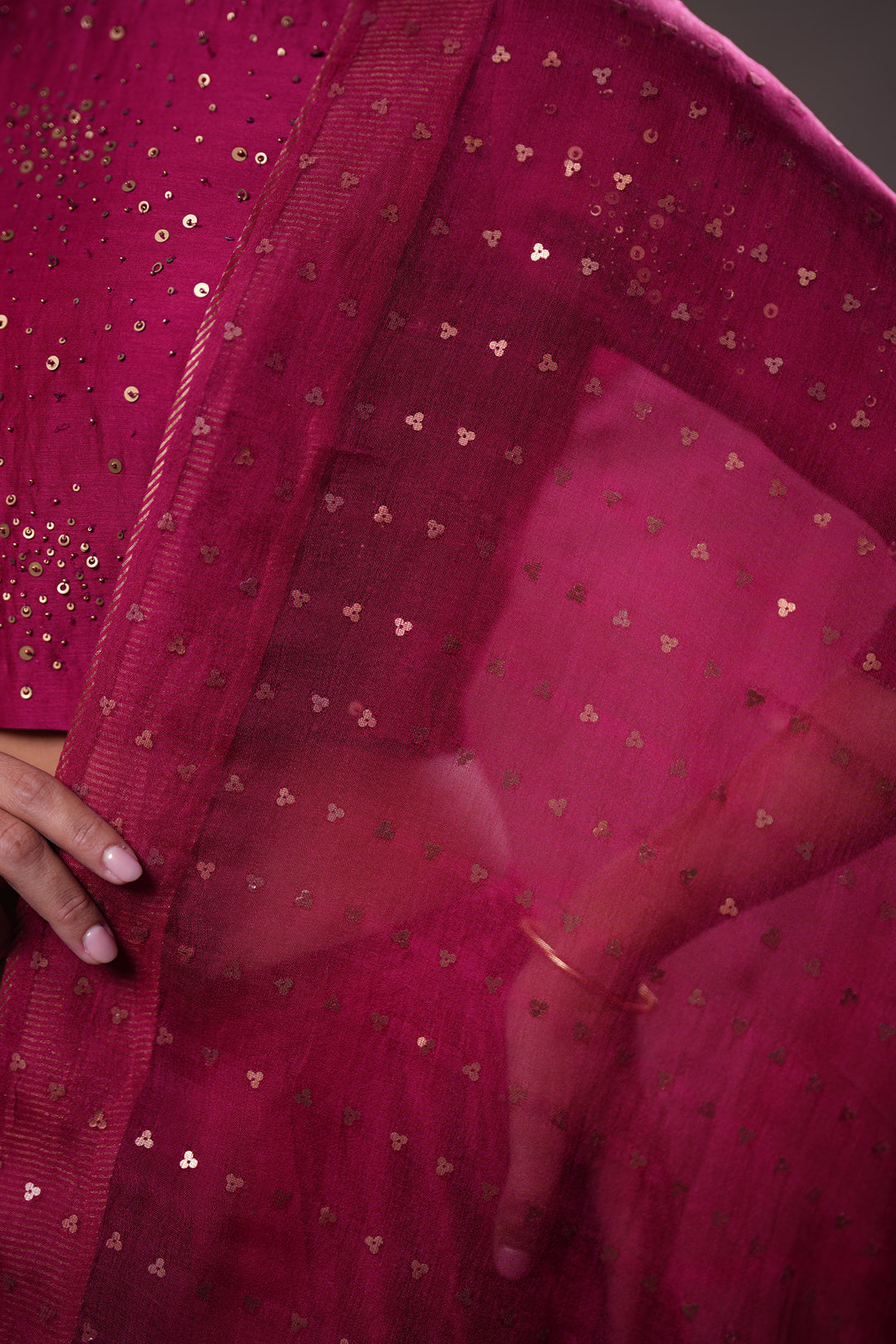 Magenta Hand Embroidered Chanderi Lehenga Set with Blouse & Dupatta