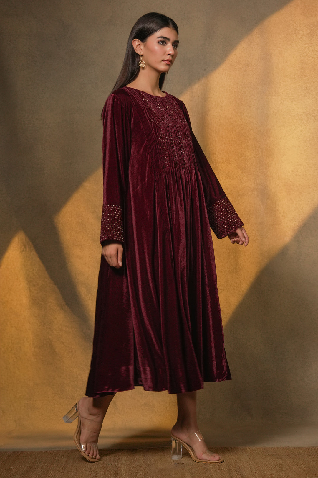 Wine Hand Embroidered Velvet Dress