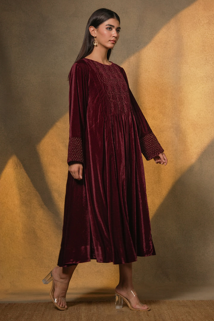 Wine Hand Embroidered Velvet Dress
