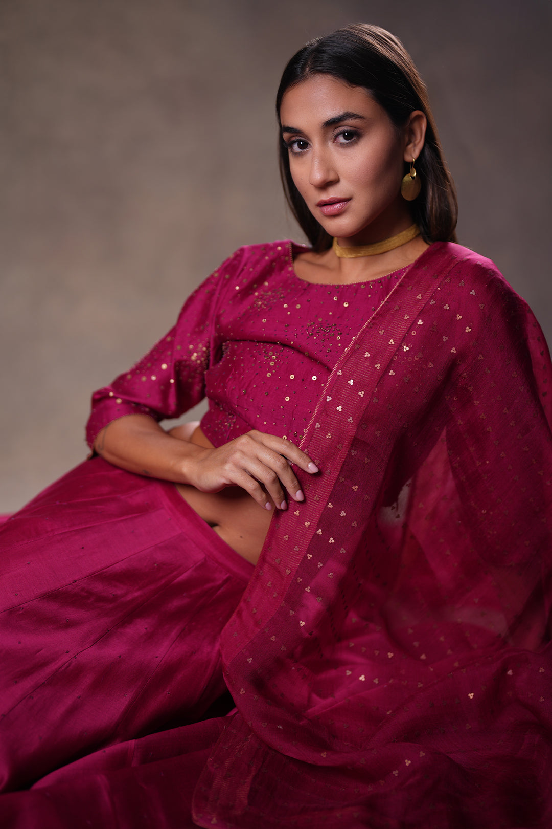 Magenta Hand Embroidered Chanderi Lehenga Set with Blouse & Dupatta