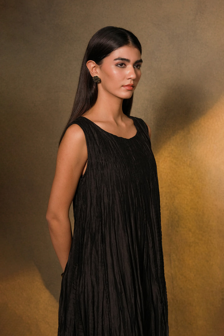 Black Crinkled Chanderi Dress with Textured Embroidered Jacket