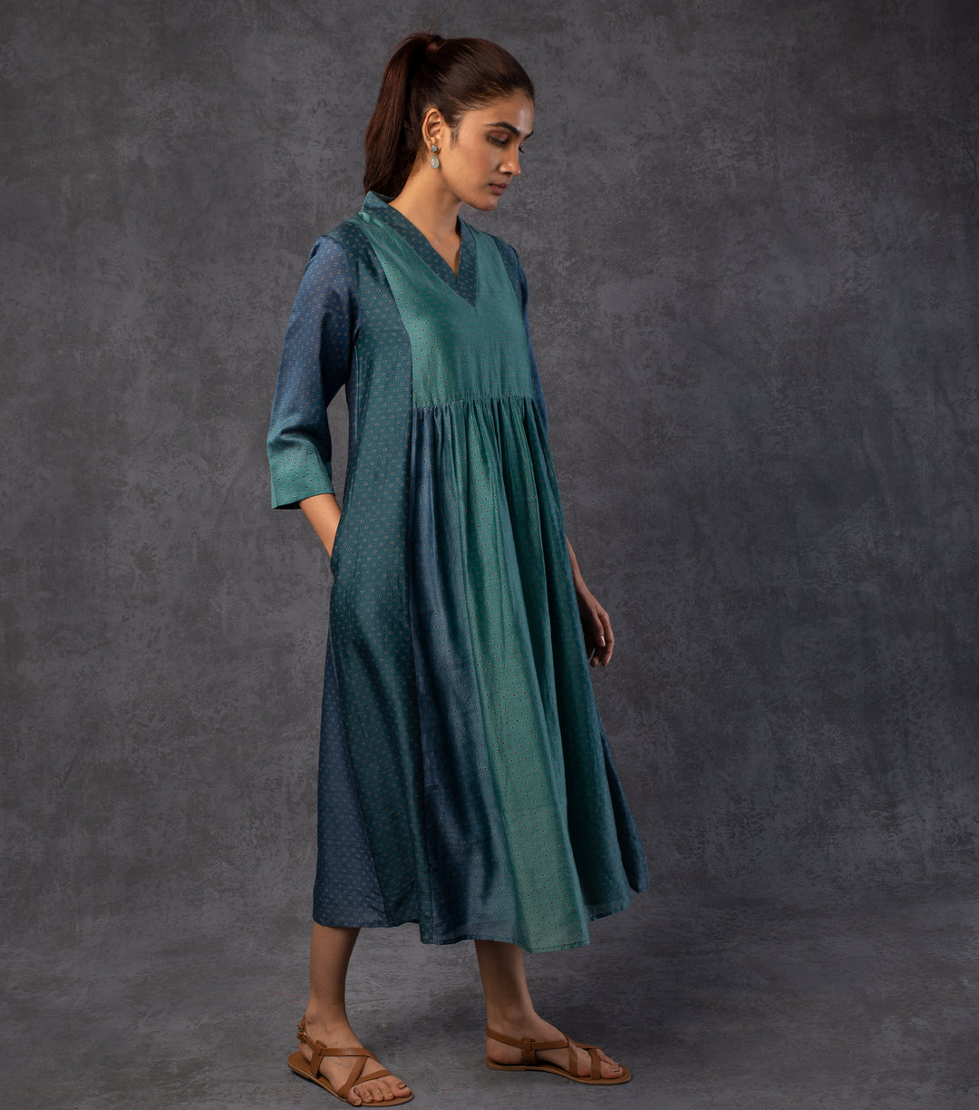 Blue & Green Shaded Panelled Chanderi Dress
