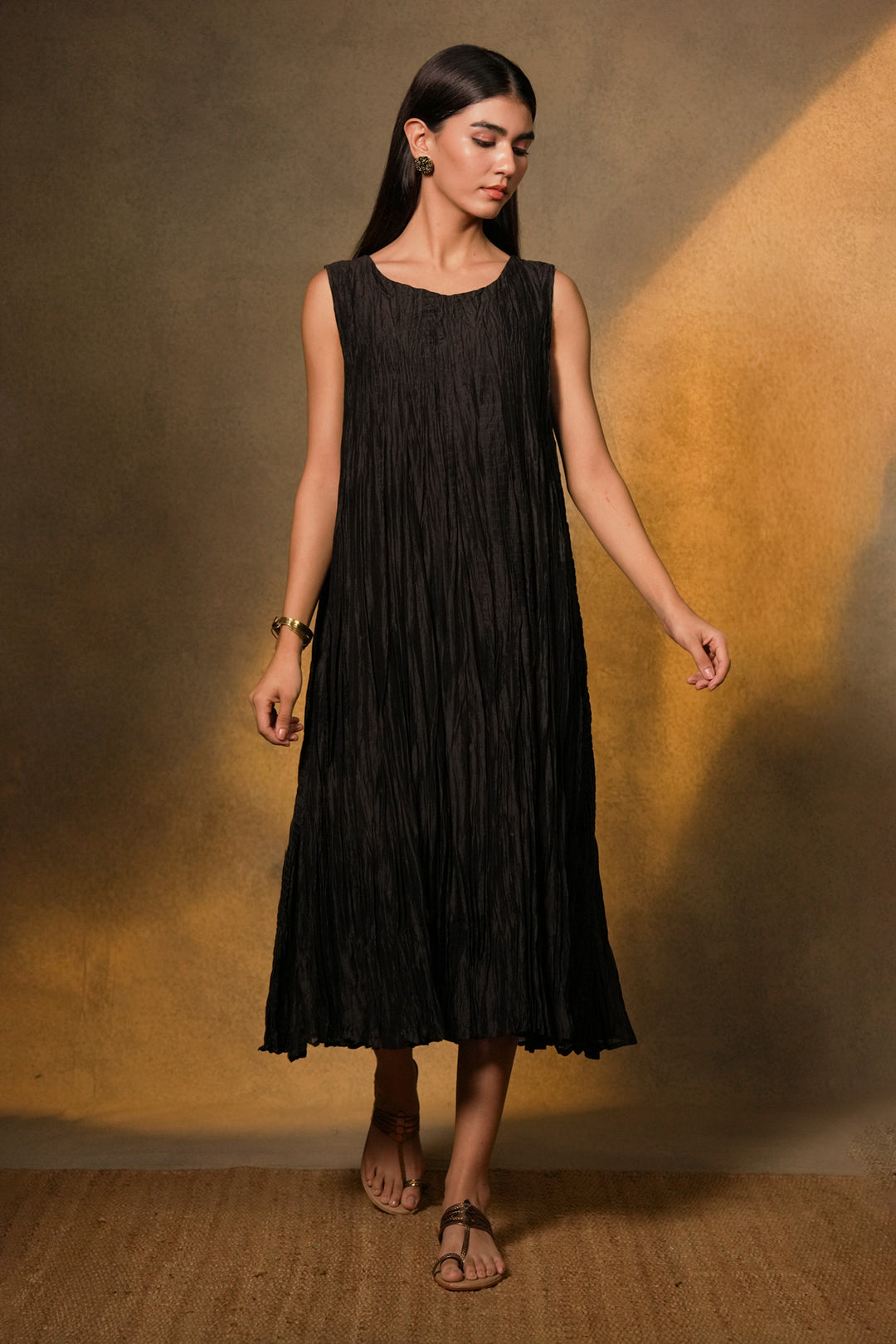 Black Crinkled Chanderi Dress with Textured Embroidered Jacket