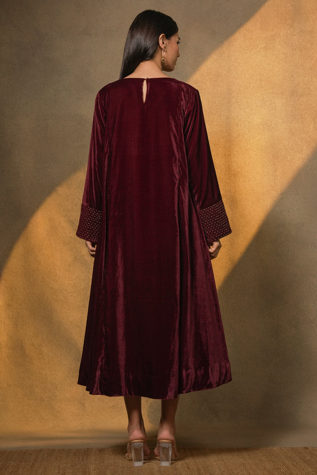 Wine Hand Embroidered Velvet Dress