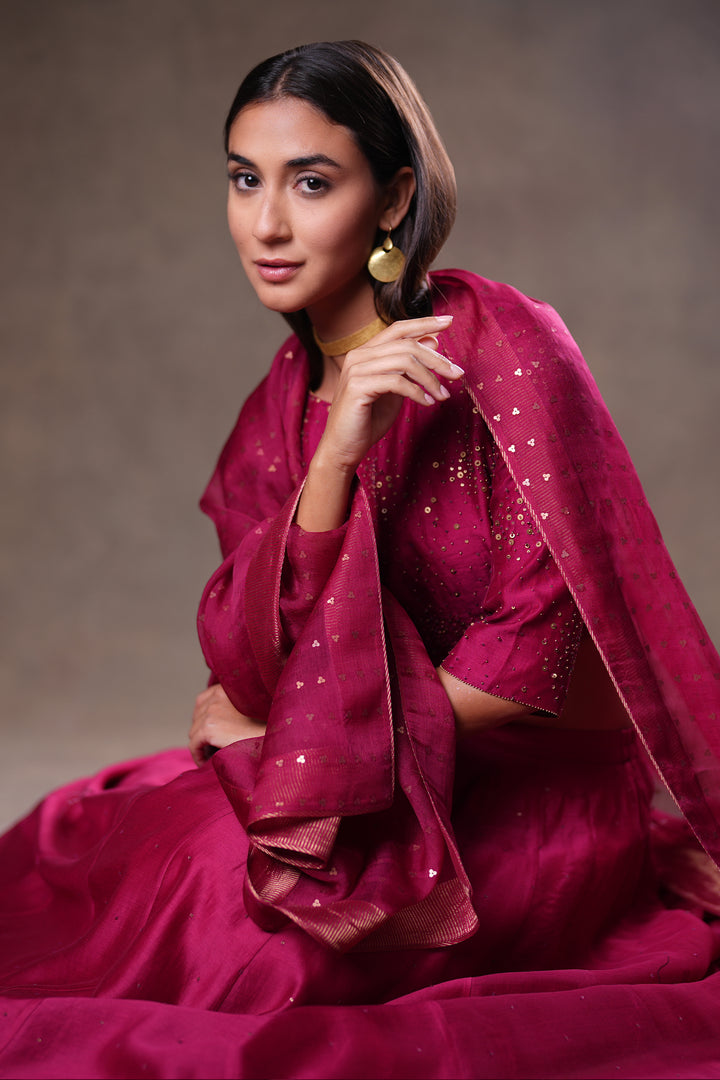 Magenta Hand Embroidered Chanderi Lehenga Set with Blouse & Dupatta