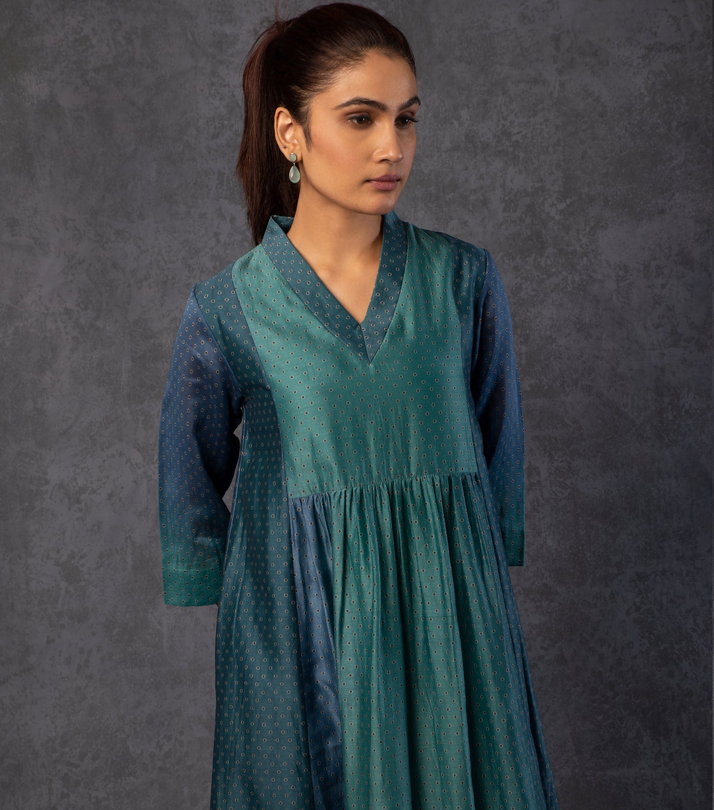 Blue & Green Shaded Panelled Chanderi Dress