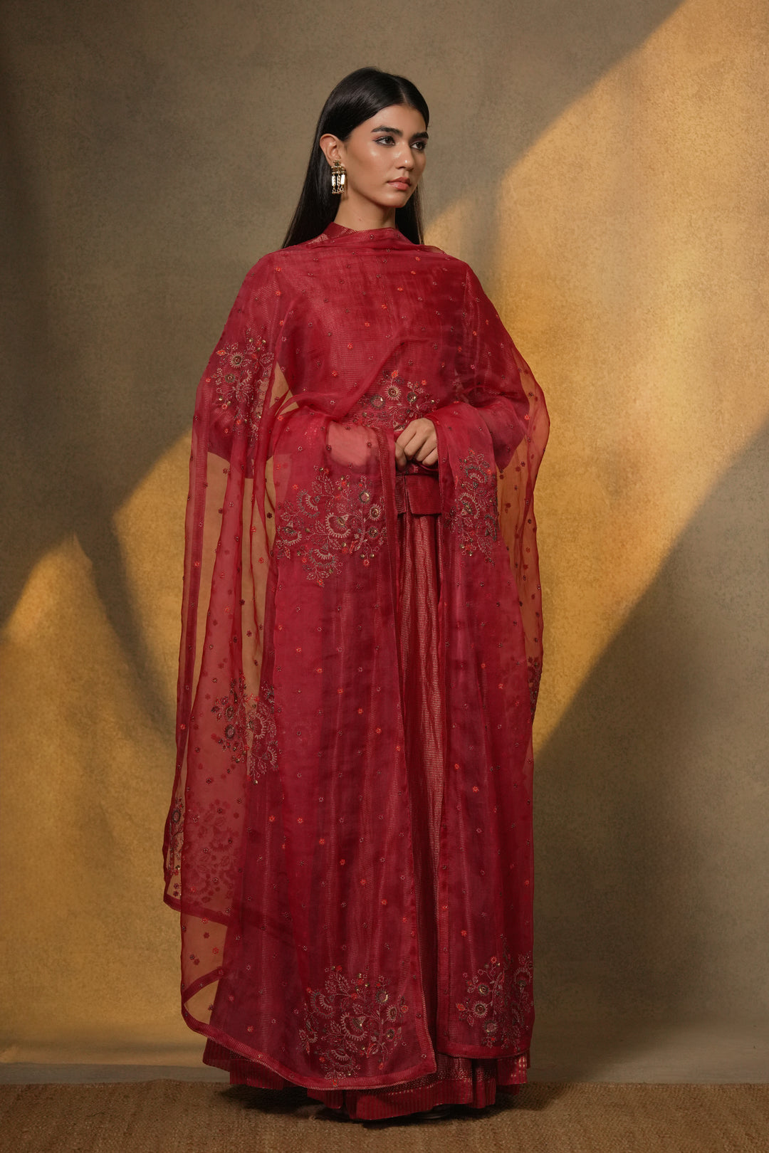 Magenta Pink Hand Embroidered Tissue Lehenga with Blouse & Organza Dupatta