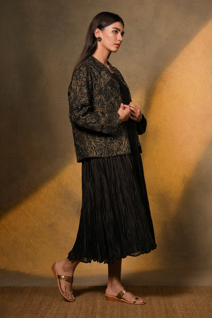Black Crinkled Chanderi Dress with Textured Embroidered Jacket