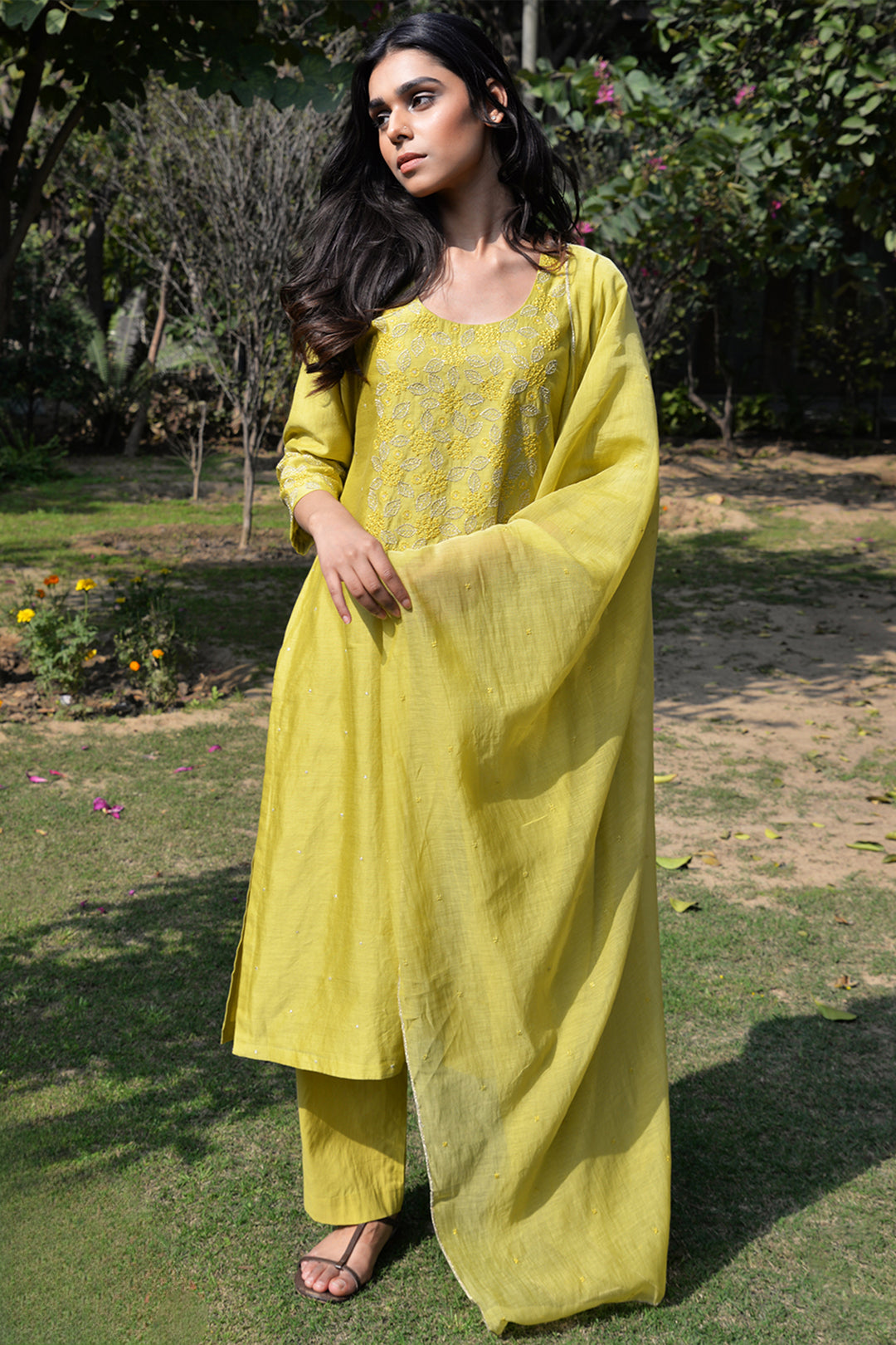 Greenish-Yellow Embroidered Chanderi Suit Set