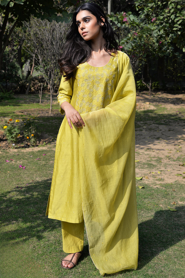 Greenish-Yellow Embroidered Chanderi Suit Set
