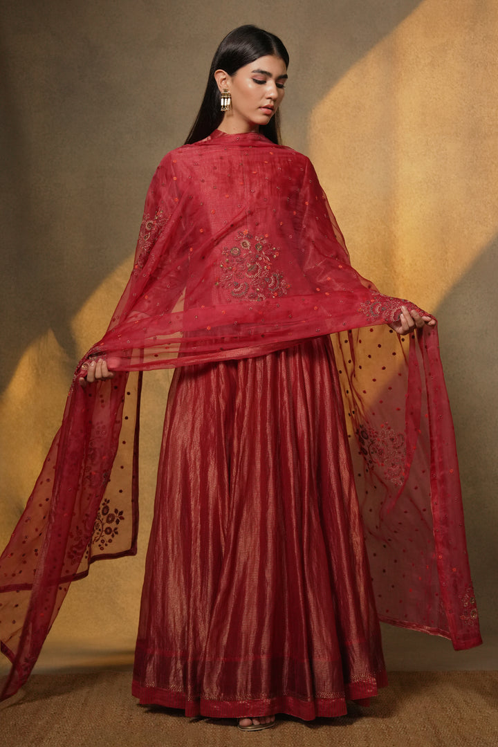 Magenta Hand Embroidered Organza Dupatta
