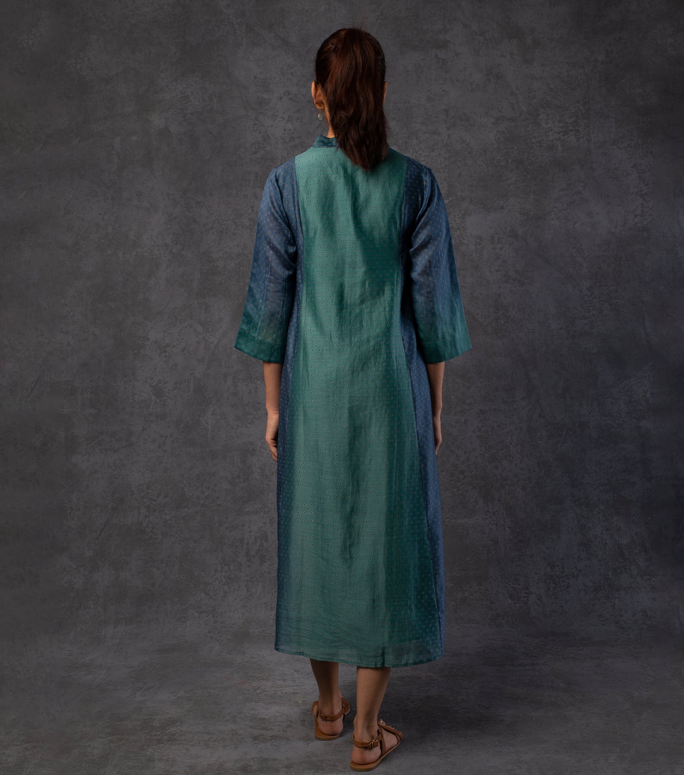 Blue & Green Shaded Panelled Chanderi Dress