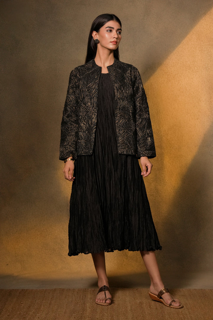 Black Crinkled Chanderi Dress with Textured Embroidered Jacket