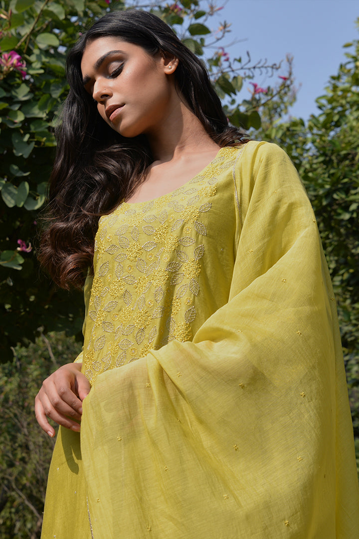 Greenish-Yellow Embroidered Chanderi Suit Set