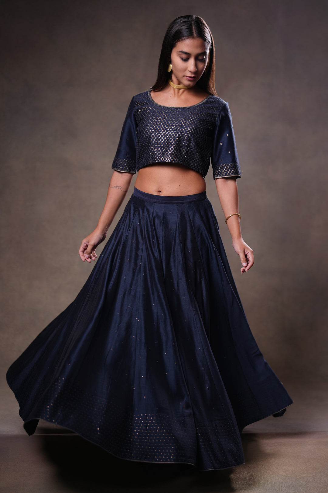 Navy Hand Embroidered Chanderi Lehenga Set with Blouse & Dupatta
