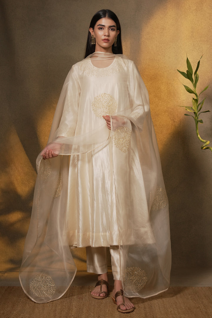 Natural Embroidered Silk Kurta with Pants and Organza Dupatta