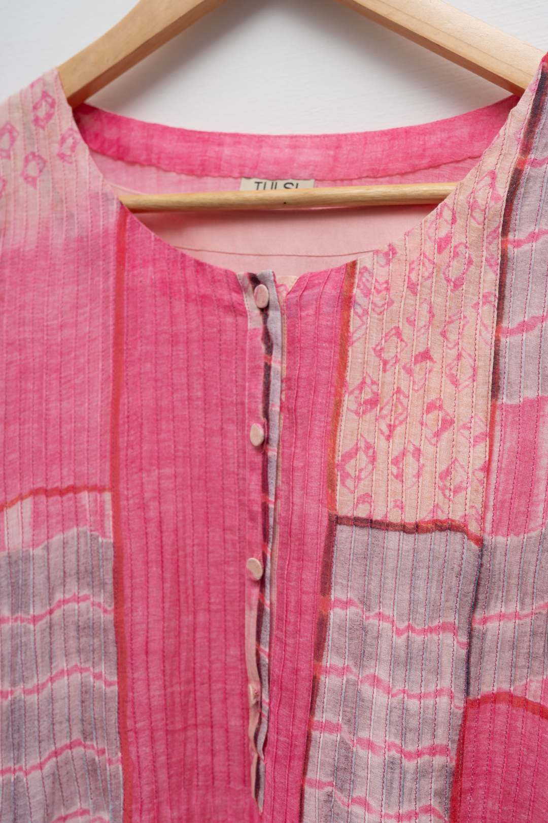 Pink Abstract Print Cotton Pintucked Dress