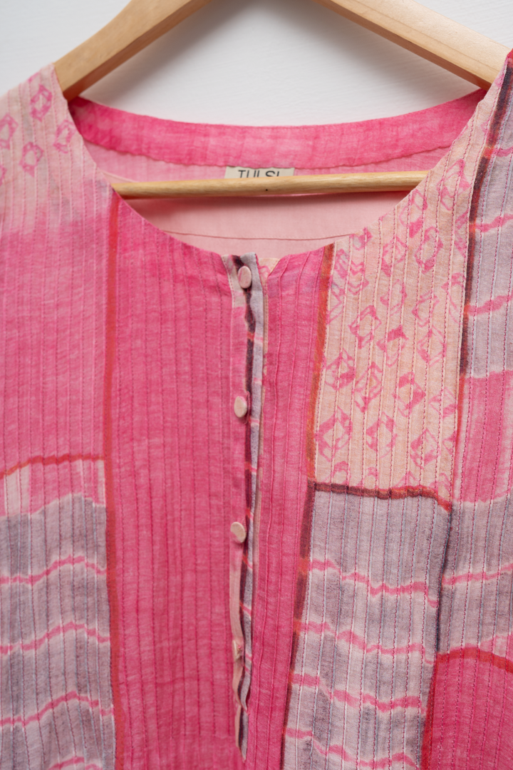 Pink Abstract Print Cotton Pintucked Dress