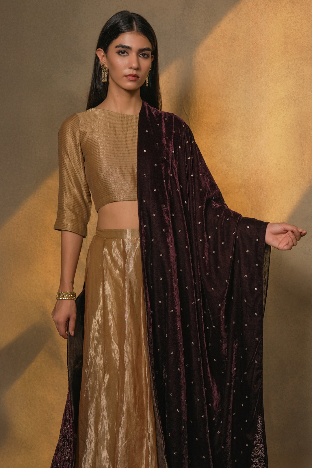 Plum Hand Embroidered Velvet Dupatta