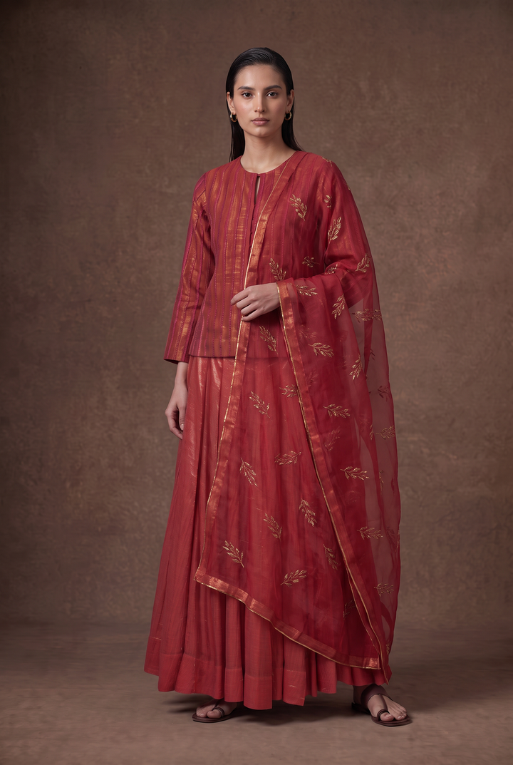Coral Hand-Embroidered Tissue Lehenga Set