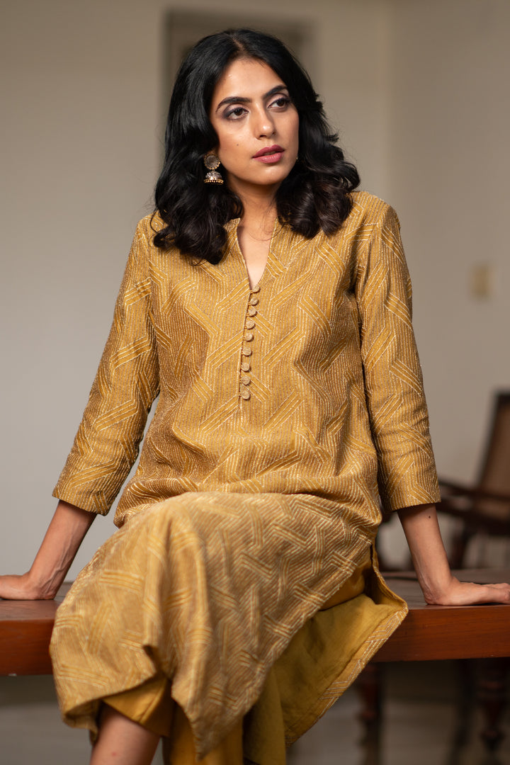Ochre chanderi Embroidered kurta