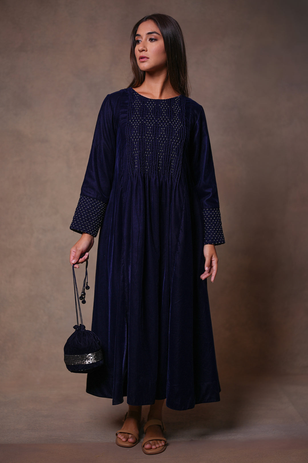 Navy Hand Embroidered Velvet Dress