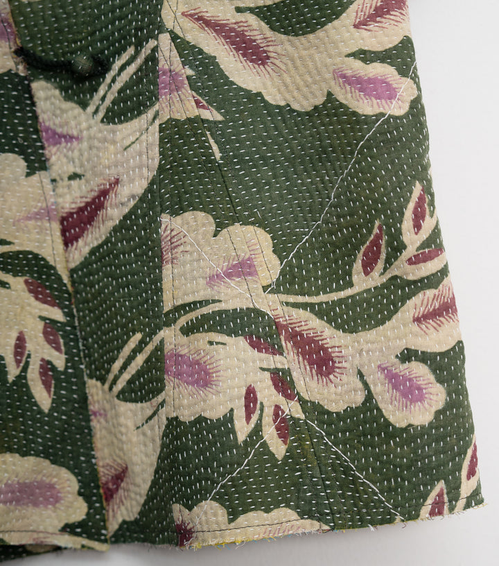 Green Vintage Cotton Kantha Jacket For Kids