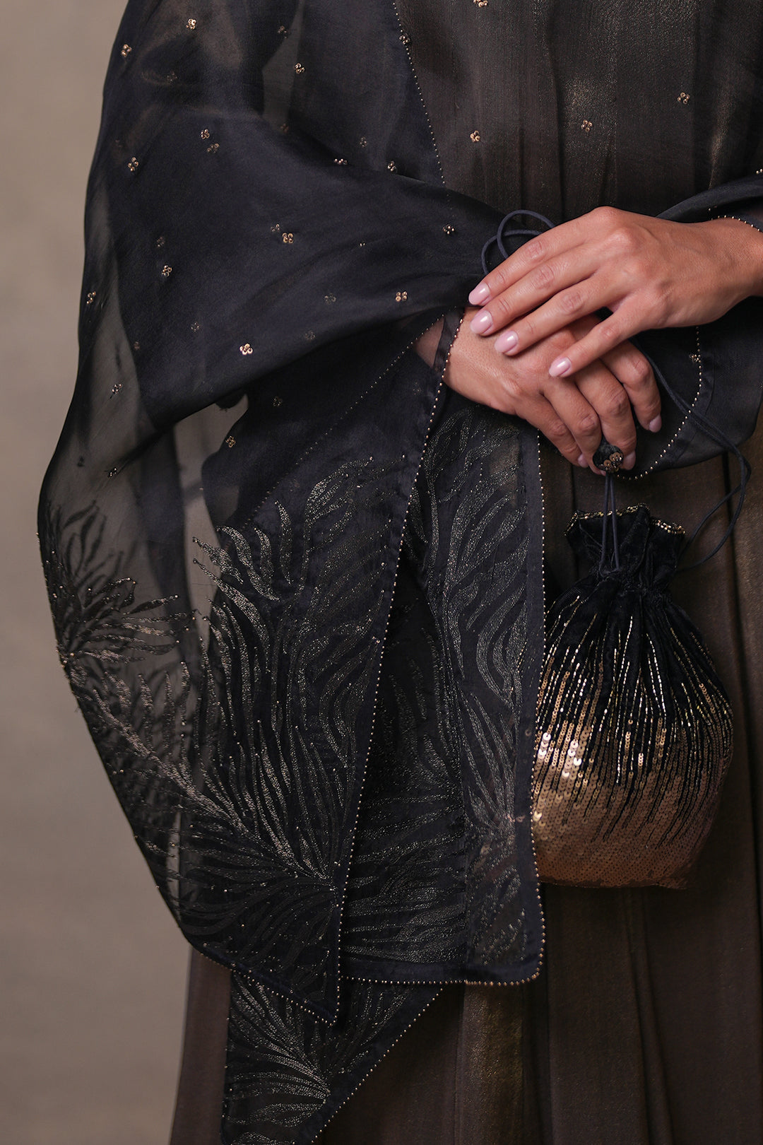 Black Tissue Kurta with Pants and Hand Embroidered Dupatta