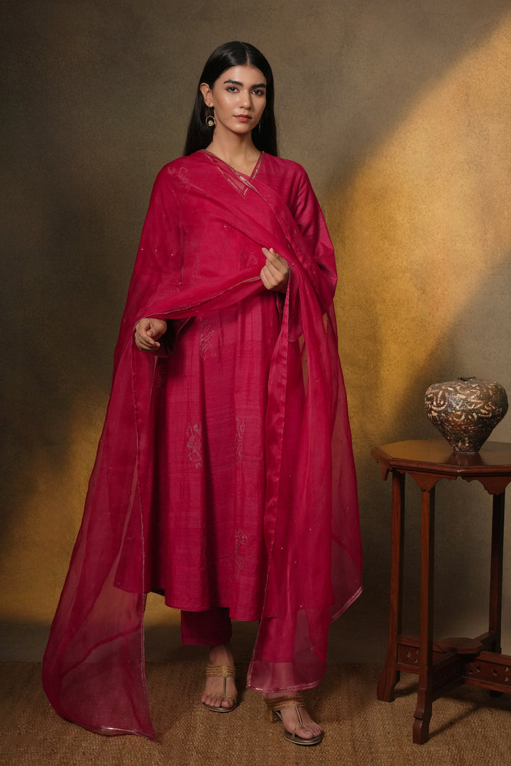 Hot Pink Hand Embroidered Organza Dupatta