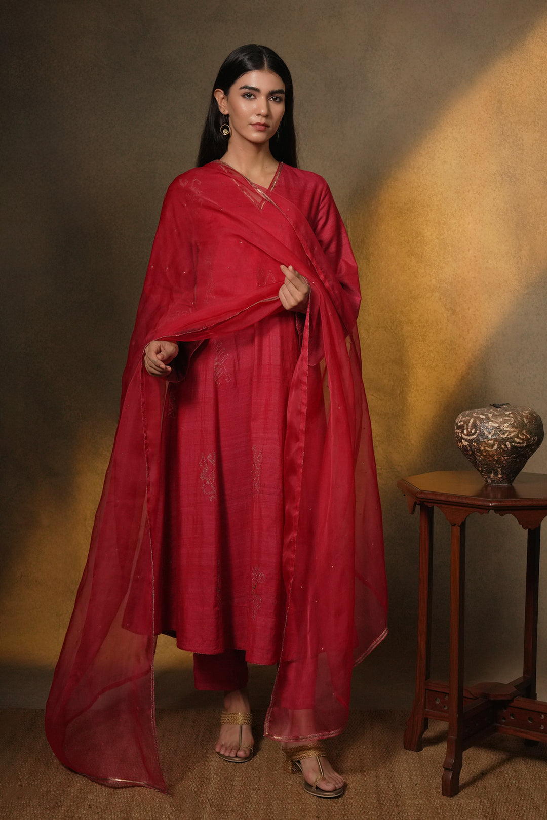 Hot Pink Hand Embroidered Silk Kurta with Organza Dupatta