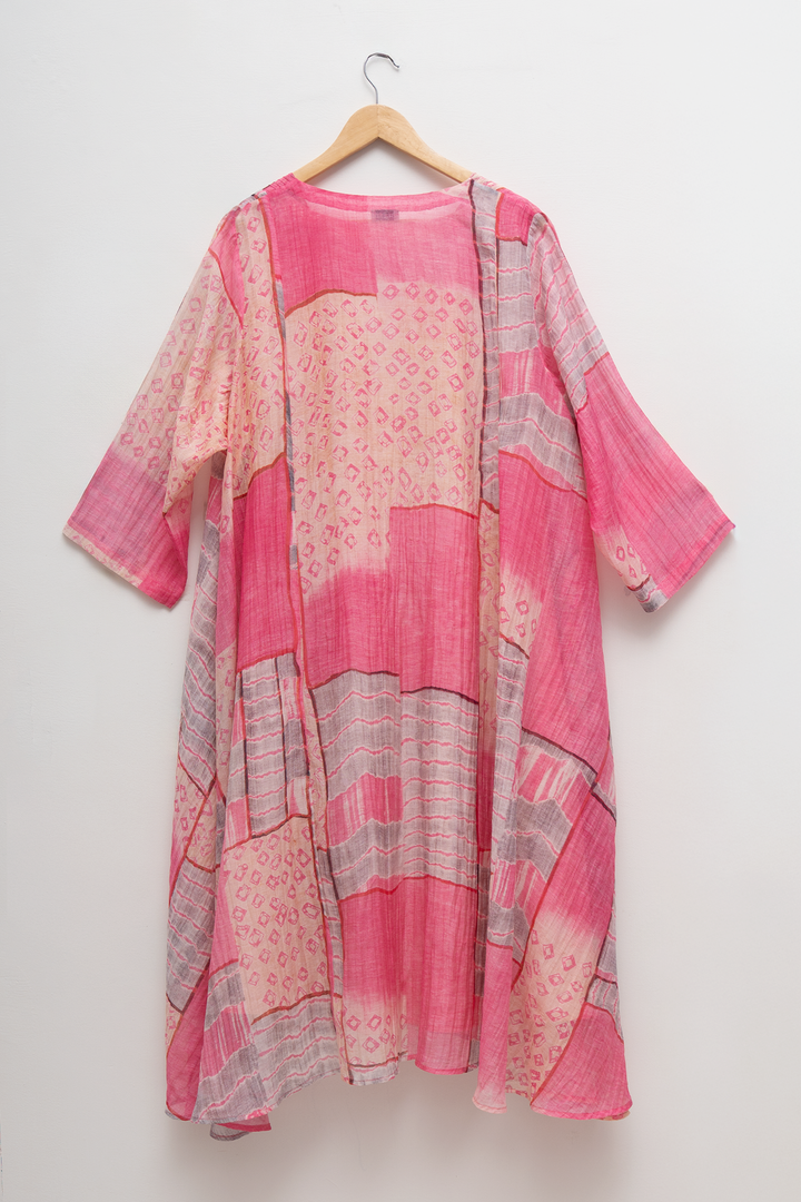 Pink Abstract Print Cotton Pintucked Dress