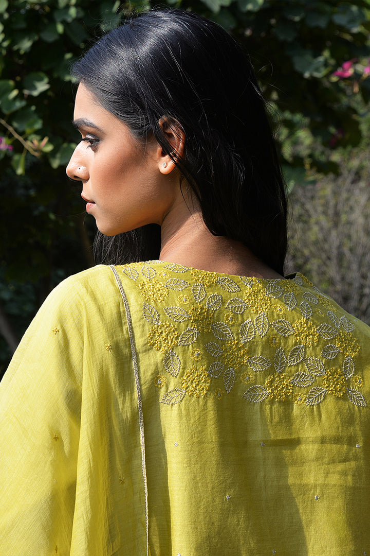 Greenish-Yellow Embroidered Chanderi Suit Set