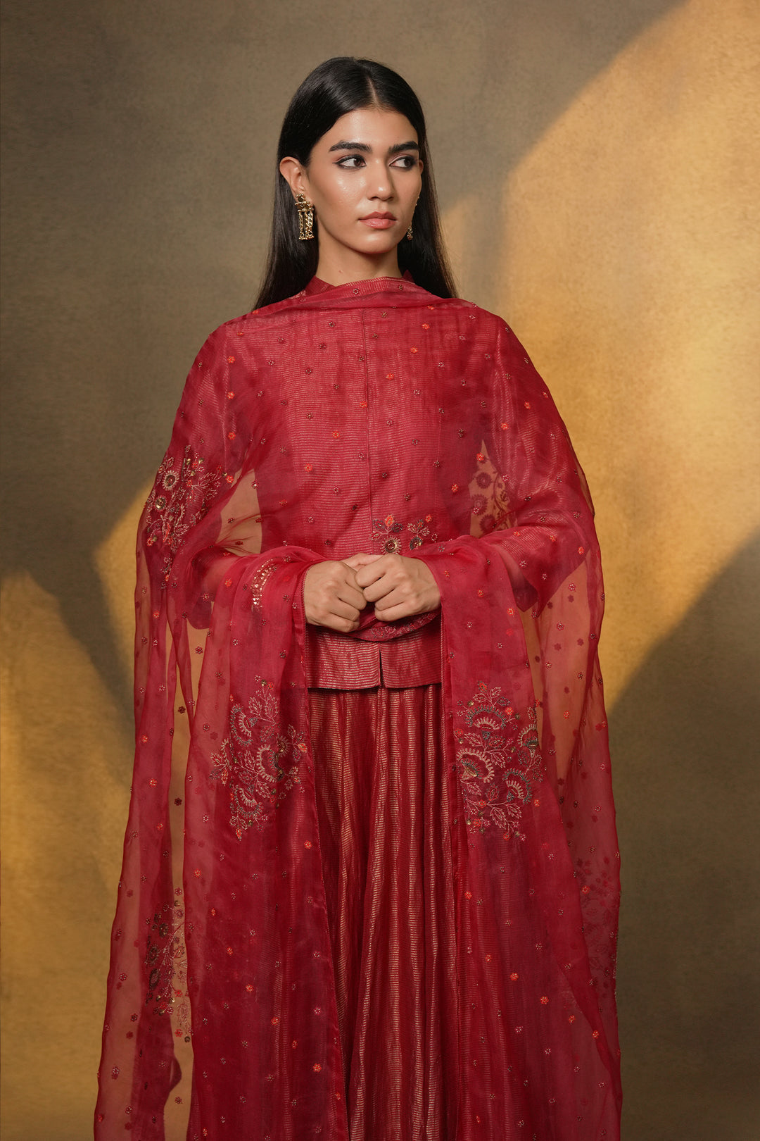 Magenta Hand Embroidered Organza Dupatta
