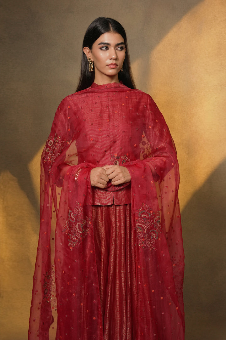 Magenta Hand Embroidered Organza Dupatta