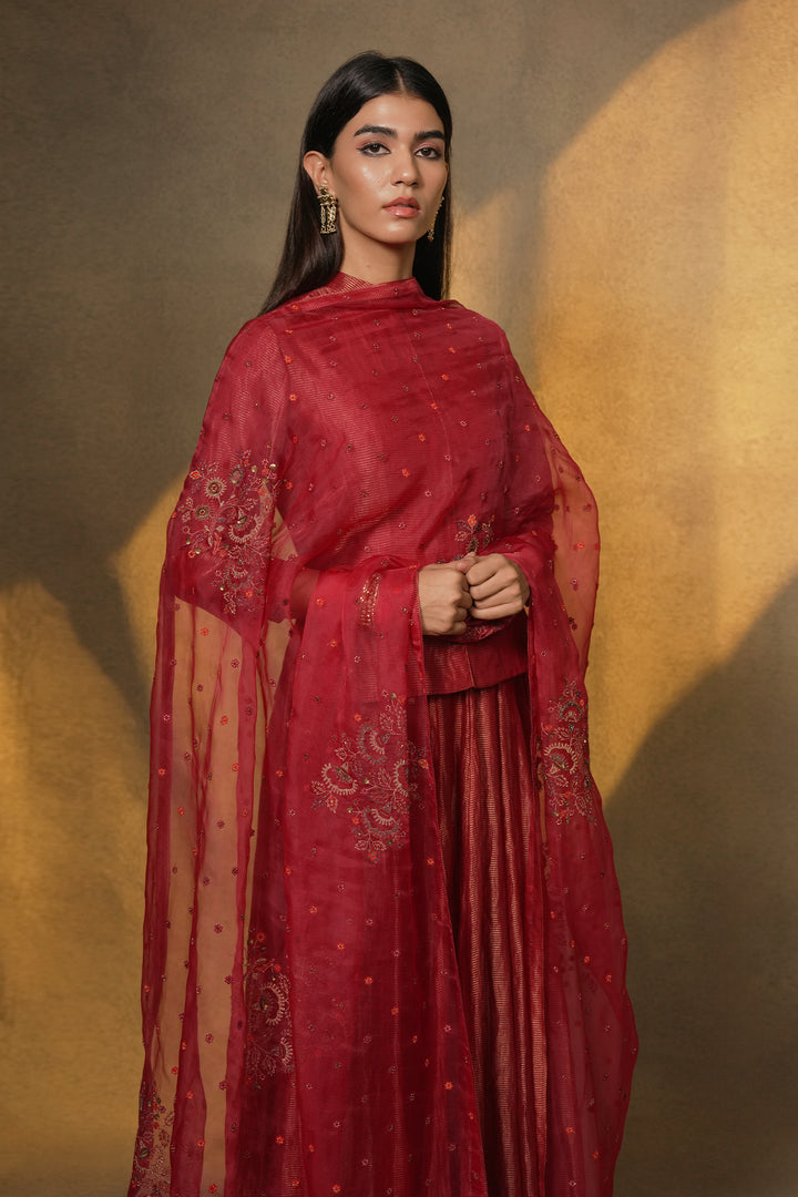 Magenta Pink Hand Embroidered Tissue Lehenga with Blouse & Organza Dupatta