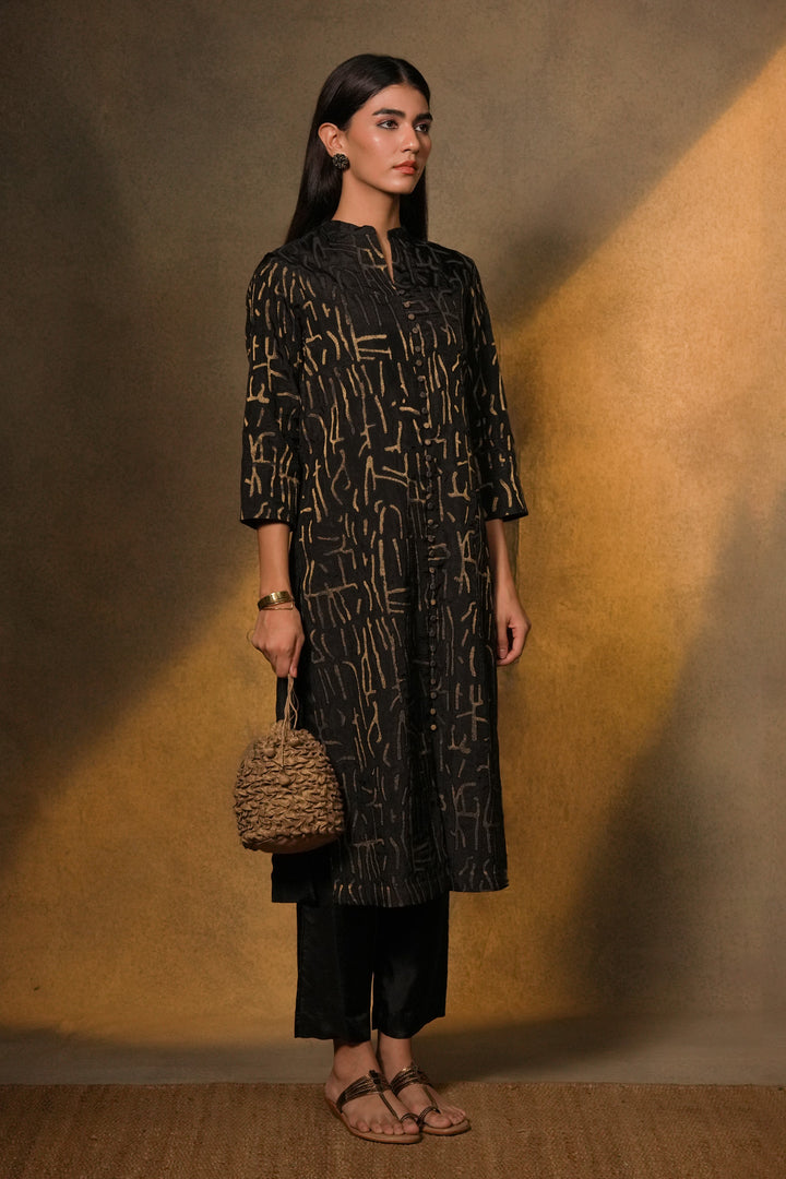 Black Patch Work Embroidered Silk Kurta with Pants