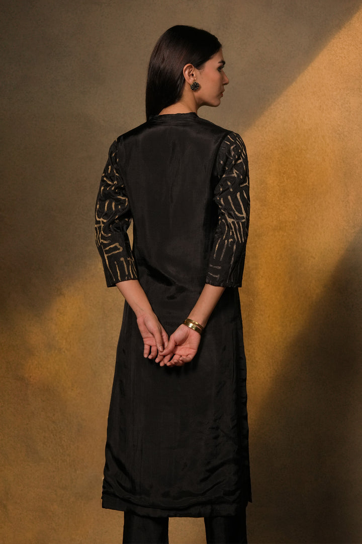 Black Patch Work Embroidered Silk Kurta with Pants