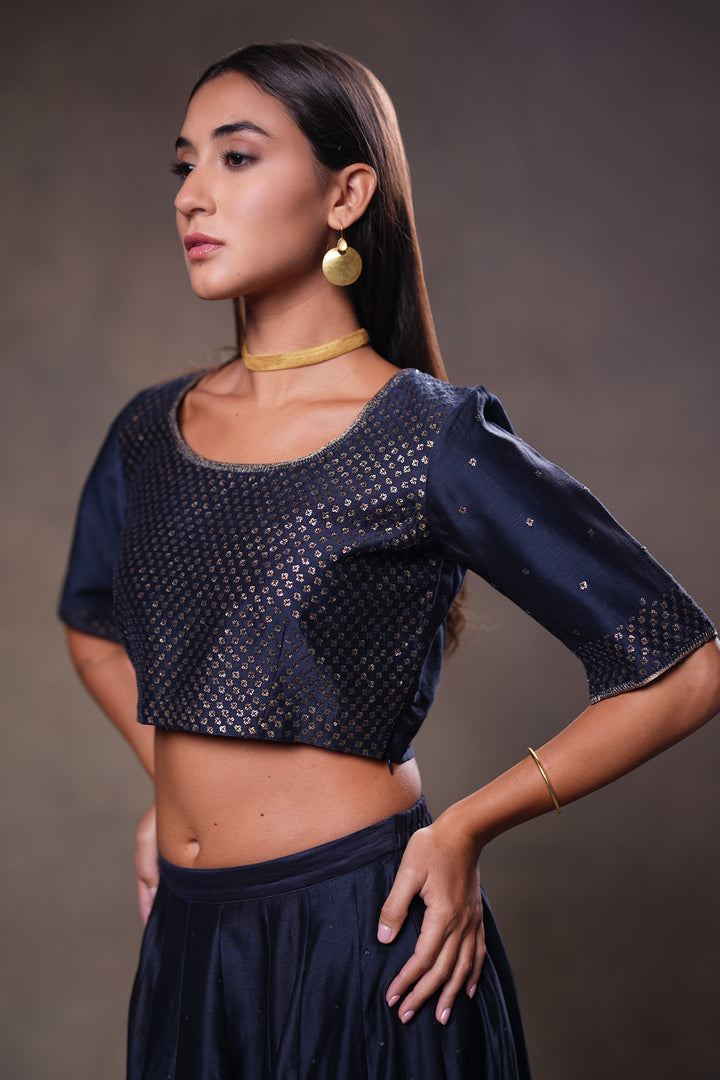Navy Hand Embroidered Chanderi Blouse