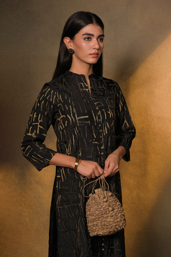 Black Patch Work Embroidered Silk Kurta with Pants