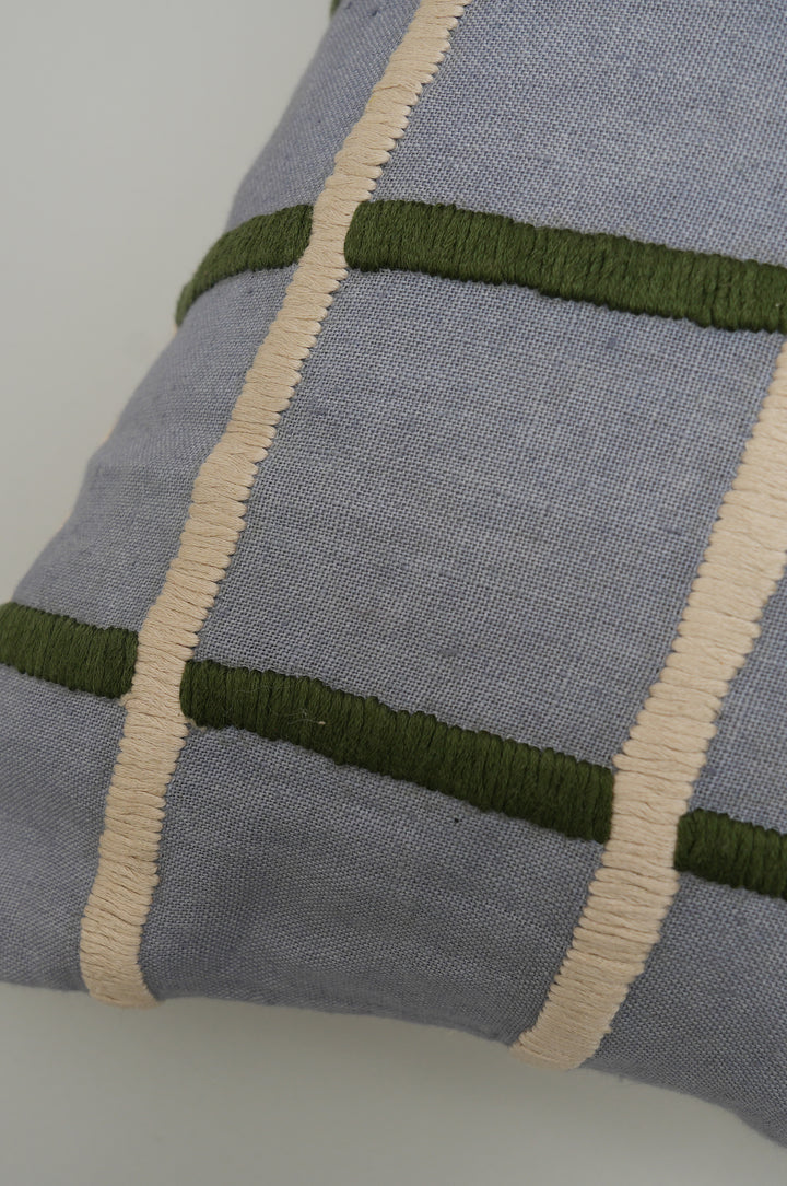 Blue & Green Grid Embroidered Cushion Cover