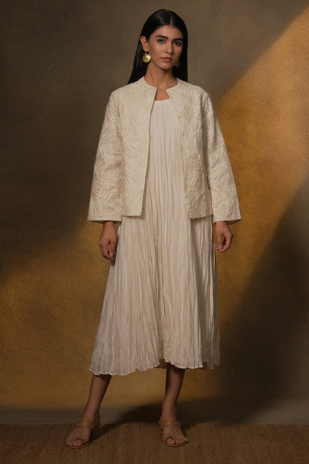 Natural Crinkled Chanderi Dress with Textured Embroidered Jacket