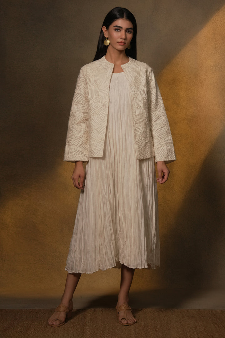 Natural Crinkled Chanderi Dress with Textured Embroidered Jacket