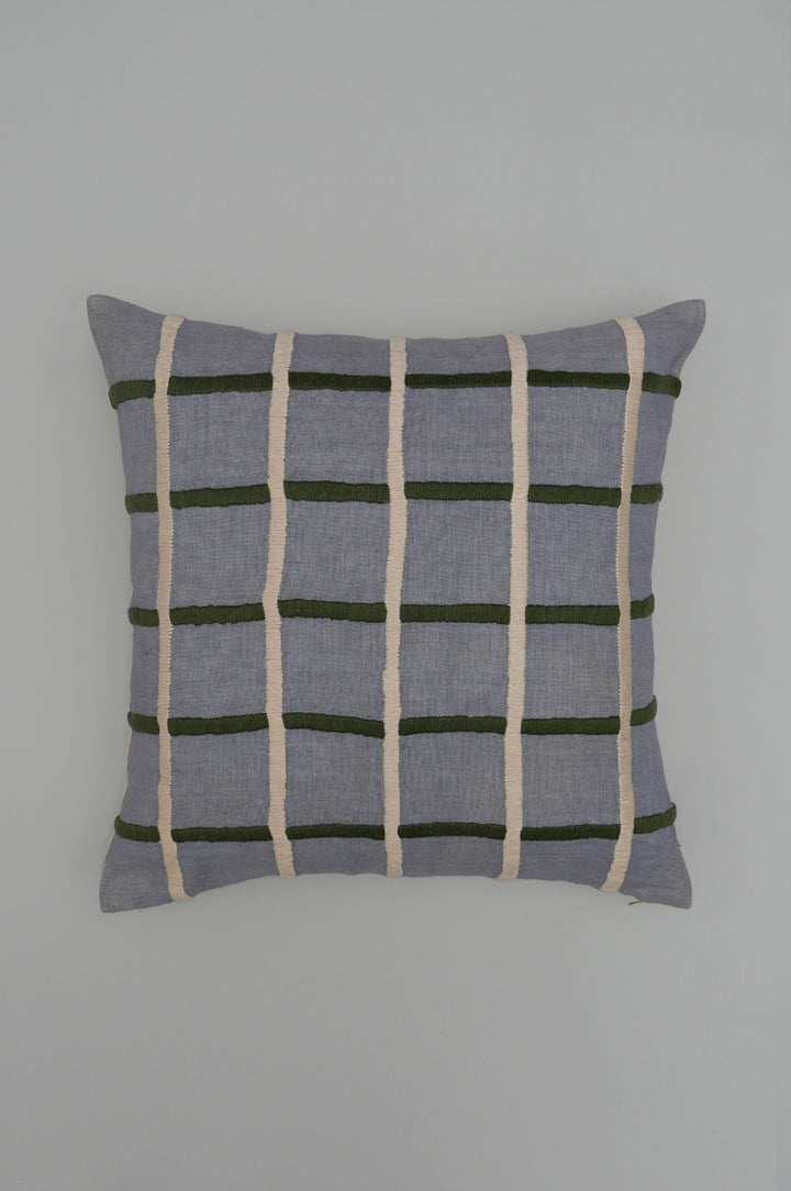 Blue & Green Grid Embroidered Cushion Cover