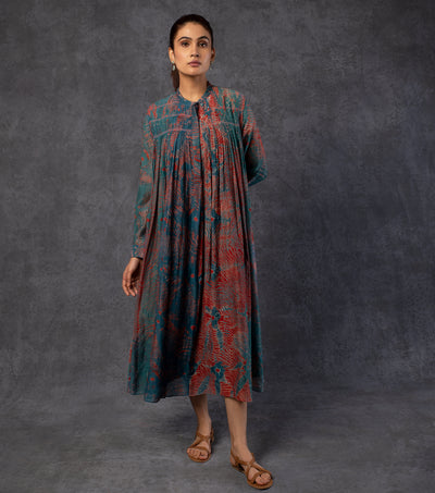 Deep Blue Printed Chanderi Dress