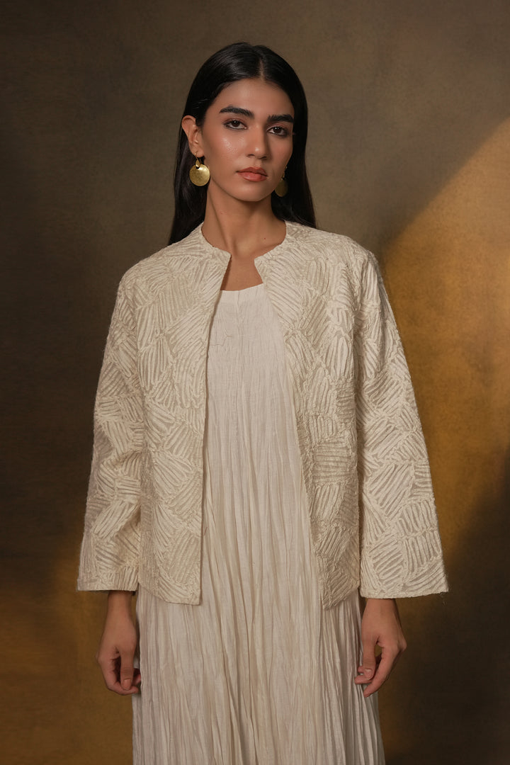 Natural Crinkled Chanderi Dress with Textured Embroidered Jacket