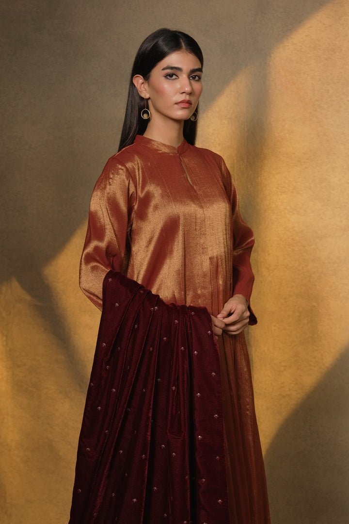Maroon Tissue Kurta with Pants and Velvet Duaptta