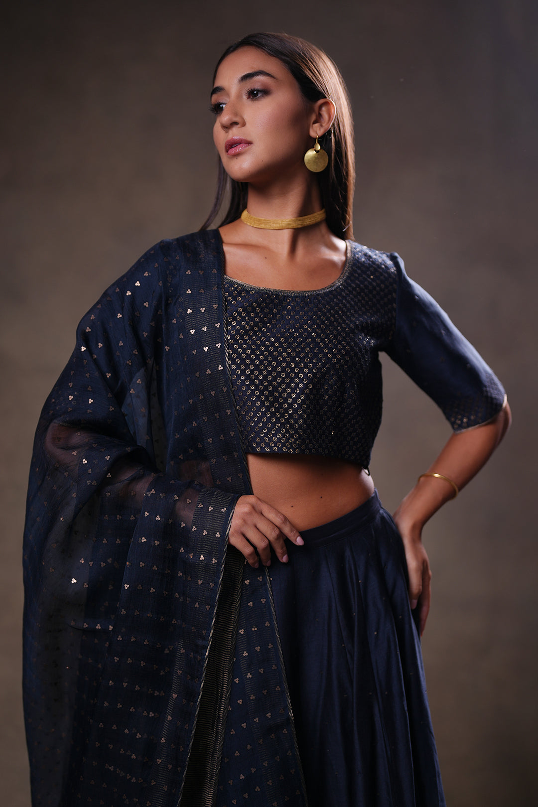 Navy Hand Embroidered Chanderi Lehenga Set with Blouse & Dupatta